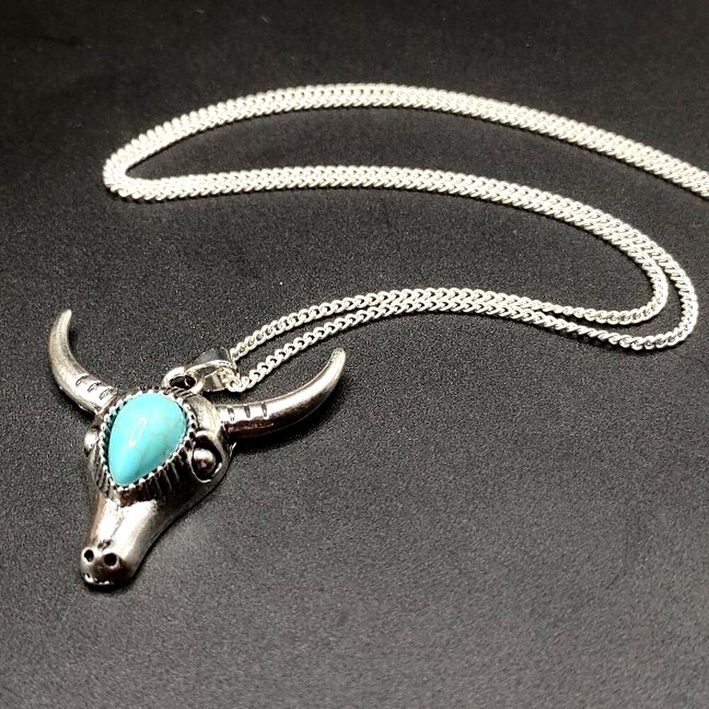 925 Silver Necklace w/ Turquoise Cow Notches Horns Pendant Women Boho Gift